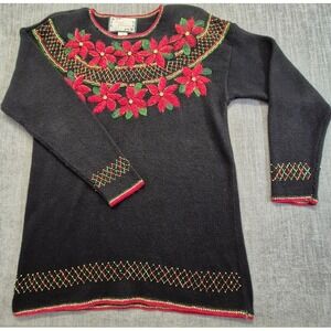 VTG Carolina Colours Private Collection women Poinsettia Christmas Sweater M
